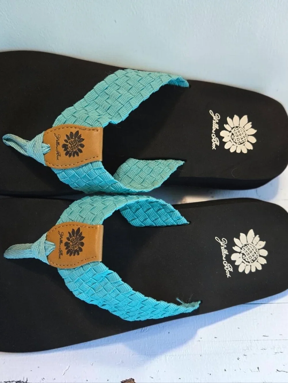 Yellow Box Turquoise Woven Strap Black Footbed Flip Flops - Picture 4 of 5